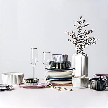 Porcelain Dinnerware Sets Plates and Bowls Sets Porcelain Dinnerware Sets,Vertical Pattern Retro Tableware Set with Plates and Bowls Sets-Home Kitchen Salad Plate,Soup Bowl Set