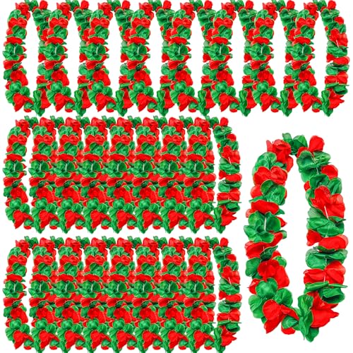 Tlswshsy 24 Pcs Christmas Leis, Red and Green Hawaiian Flower Necklace, Tropical Luau Leis for Christmas Cosplay Beach Wedding Carnival Themed Party Decorations