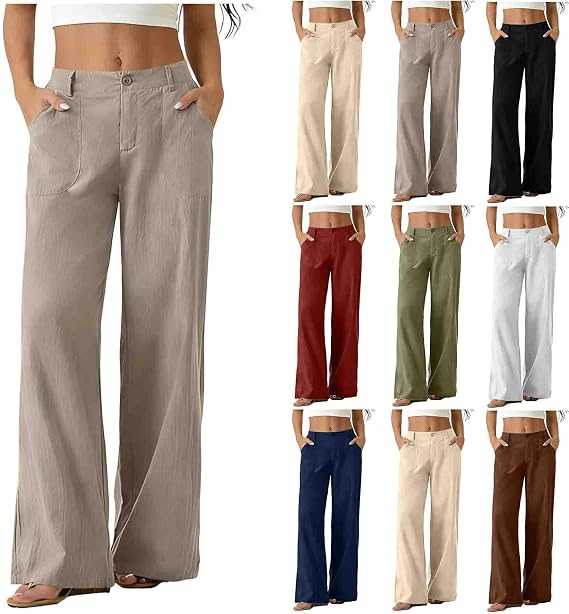 Cotton Linen Pants Women Wide Leg Straight Leg Trousers with Pocket