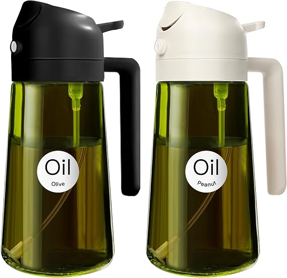 YARRAMATE 16oz/470ml Light-Blocking Dark Oil Sprayer for Cooking, 2-in-1 Olive Dispenser Bottle, Premium Green Glass, Food-Grade Mister for Air Fryer, BBQ, Kitchen Use (Black & White)