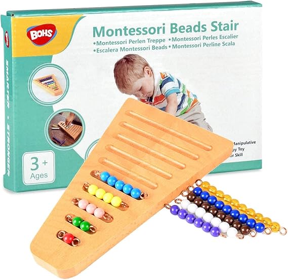 BOHS Montessori Counting Beads 1-10, Wooden Math Bead Stair | Color-coded copper-wire bars; sequencing, number matching, simple addition and fine-motor practice; home or classroom use