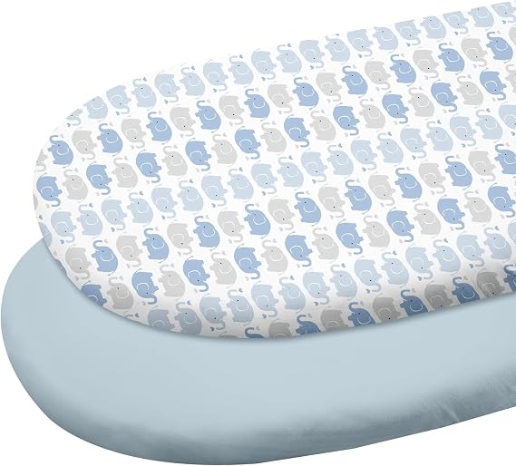 Gllquen Baby Organic Cotton Bassinet Sheets (33"x17") 2-Pack Blue Elephant | 100% Cotton Bassinet Mattress Sheets, Compatible with Halo, Graco, Baby Delight. Soft, universal fitted for girls boys unisex