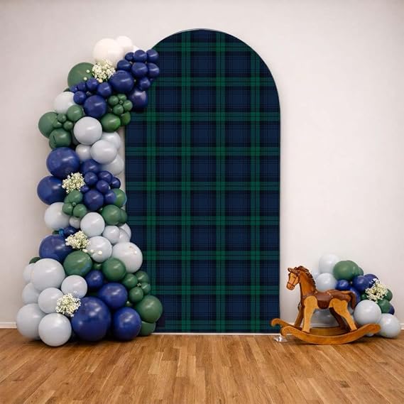 Green Blue Tartan Plaid Arch Backdrop Cover Bear Baby Shower Spandex Stretchy Arch Stand Cover for Boys Birthday Party Banquets Decorations (6.6FT,Vintage)