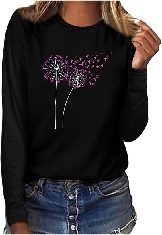 Ceboyel Breast Cancer Survivor Shirts for Women Long Sleeve Tops Tees Butterfly Ribbon Tshirt Funny Clothing Items 2023