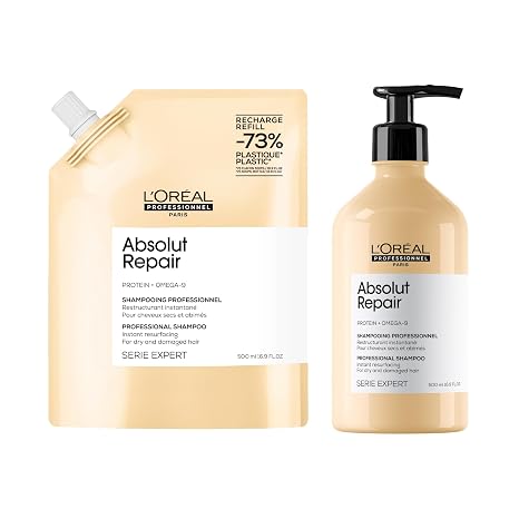 L'Oreal Professionnel Absolut Repair Shampoo & Shampoo Refill - Protein Hair Treatment For Dry, Damaged Hair, Repairs Damage & Provides Shine
