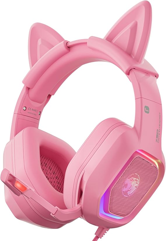 ZIUMIER Pink Wired Gaming Headset with Detachable Cat Ears