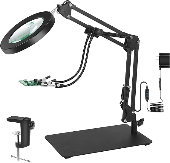Magnifying Glass with Light and Stand, 3-in-1 Gooseneck Arms 3 Color Modes Stepless Dimmable, 10x&5X LED Desktop Magnifier with Light Hands Free for Workbench Reading Crafts Painting Hobby Close Work