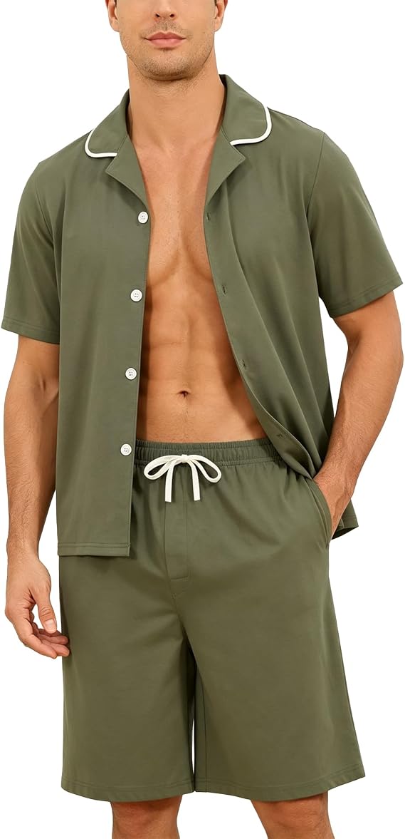 Vulcanodon Mens Cotton Pajama Set Short Sleeve Button Down Sleepwear Pjs