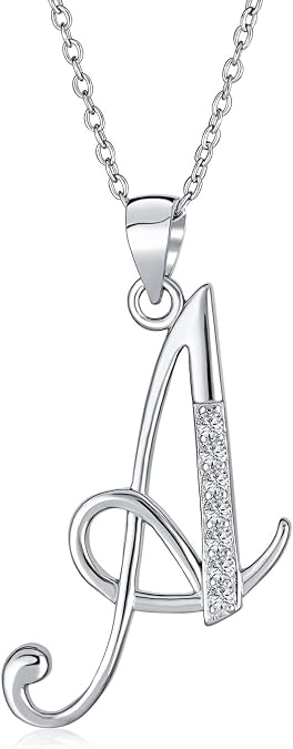 Script Letters Pave CZ Alphabet Initial Pendant Necklace Sterling Silver
