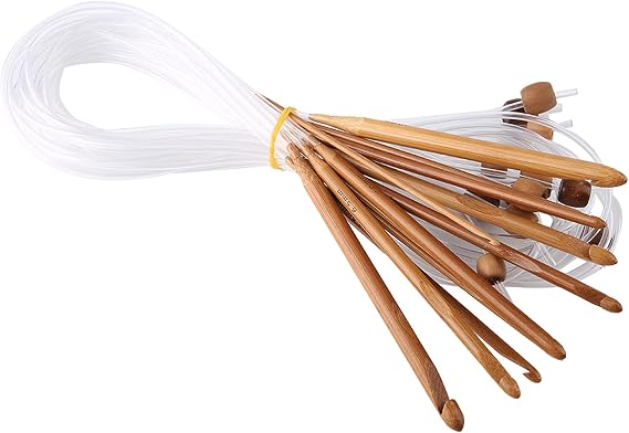 12 Pieces Tunisian Crochet Hooks Set, Bamboo Wood Crochet Hooks with Plastic Cable Carpet Rug Weave Knitting Needles for Knitting Yarn, Weave Craft and Crocheting Projects