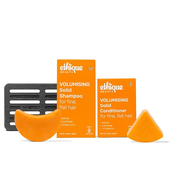 Ethique Beauty Volumizing Shampoo & Conditioner Bar + Storage Tray Set For Thin, Fine Hair with Biotin- Plastic-Free, Vegan, Cruelty-Free