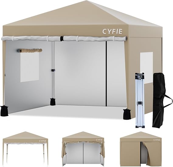 CYFIE 10'X10' Pop Up Canopy Tent with 4 Removable Sidewalls, Portable Instant Outdoor Khaki Shade Canopy Gazebo, Quick Setup Waterproof & Uv-Resistant Tent for Party Beach Patio Camping Vendor Events