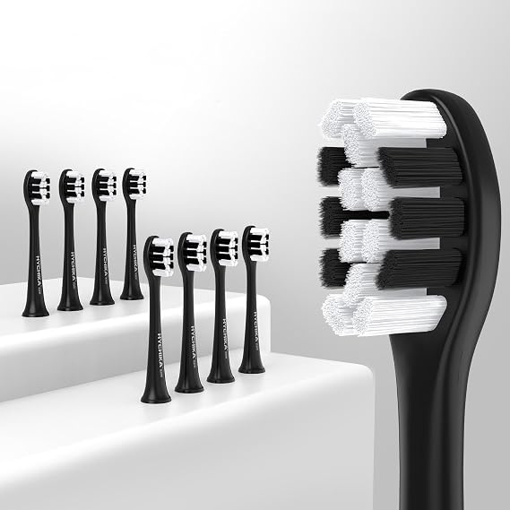 HYCHIKA Electric Toothbrush Replacement Head, Medium-Soft Nylon Bristles, Black,8 Pack