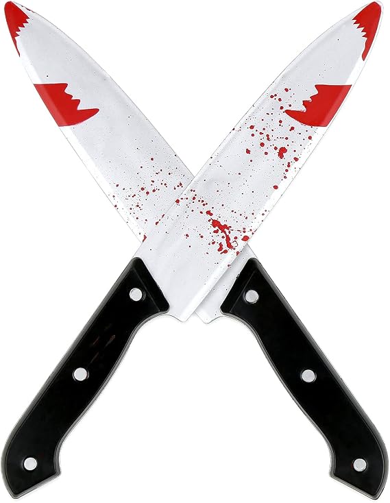 DERAYEE 2PCS Halloween Prop Knife, 12 Inch Blood Plastic Fake Knife Halloween Classic Horror Prank Props for Scary Halloween Party, Cosplay (Sliver)