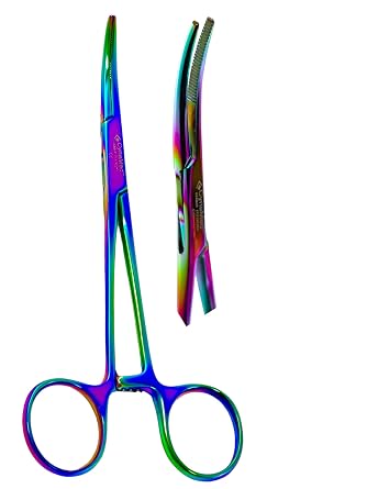 ArTLaB-1 Each Dog Pet Ear/Nose Hair Puller Grooming and Tick Removing Hemostat Locking Forceps Pliers, 5.5" 14cm, Straight Curved Forceps Curved Rainbow 5.5"