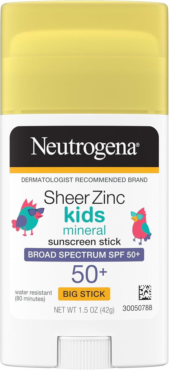 Neutrogena Sheer Zinc Oxide Kids Mineral Sunscreen Stick, Broad Spectrum SPF 50& UVA/UVB Protection & Water Resistant with Residue-Free, No-Mess Application, Oil- & Paraben-Free, oz