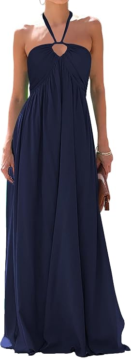 Maxi Dresses for Women Sexy Halter V Neck Backless Smocked High Waisted A Line Beach Vacation Sundress