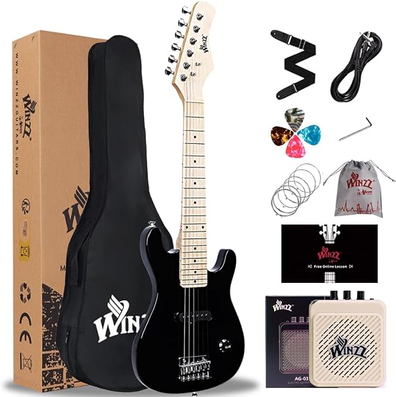 Winzz 30 Inch Mini Electric Guitar Children's Maple Fingerboard Electric Guitar Beginner Set for Children with Amplifier (Black), EGM100