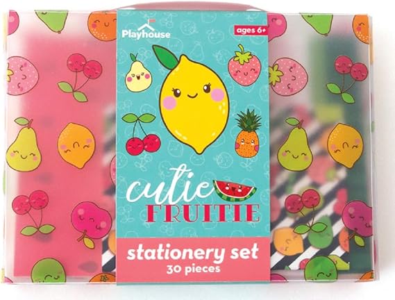 Playhouse 29-piece Kawaii Cutie Fruitie Girls Stationery Set Tote with Pen | Includes Paper, Envelopes, Post Cards, Notebook, Address Book, Coordinating Stickers, Eraser and Pen, Pen Pal Perfect