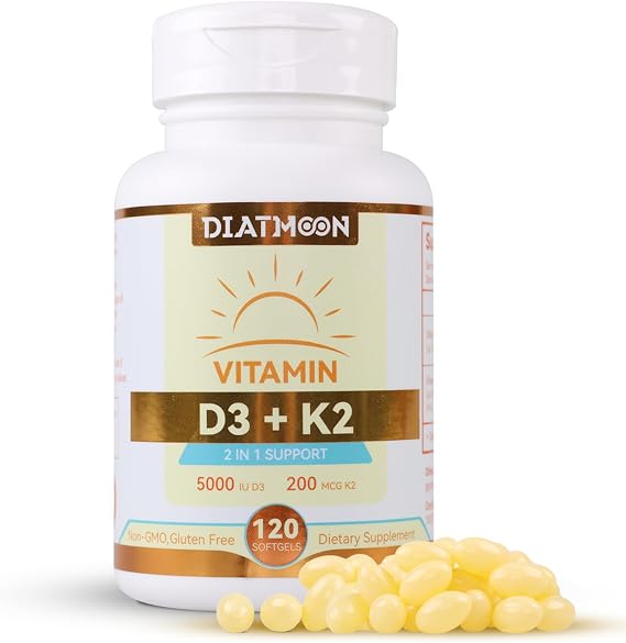 Vitamin D3 K2 Supplement Softgels, D3 5000 IU & K2 MK-7 200 mcg - 120 Count | Bone & Teeth Support, Easy to Swallow, Non-GMO, Gluten-Free