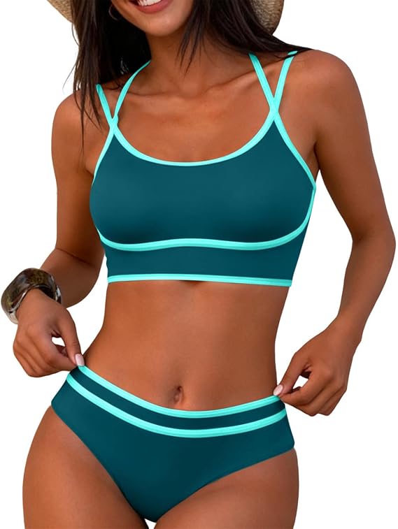 Womens High Waisted Bikini Sets Halter Color Block Sporty Swimsuits Cheeky Two Piece Bathing Suits Beach Swimwear