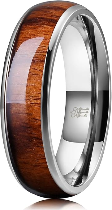 THREE KEYS JEWELRY Titanium Wooden Wedding Band for Men Women-4/6/8mm Width Black/Rose Gold Plated Wedding Ring with Brown/Blue Natural Koa Wood Inlay Domed Ring Comfort Fit Durable Size 4-16