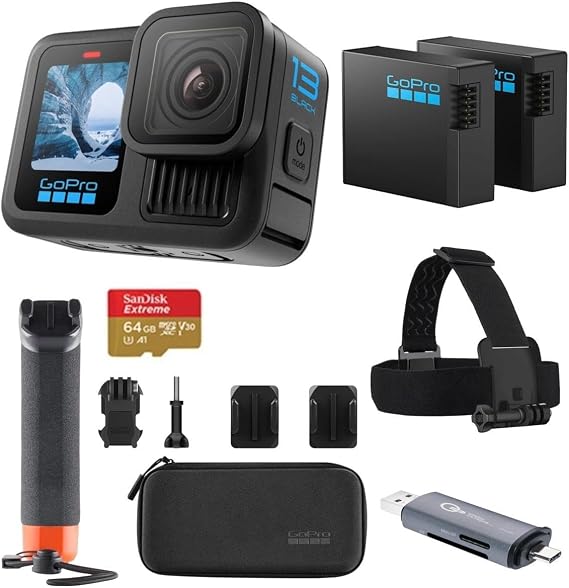 GoPro HERO13 Black Action Camera with 5.3K60 Video, 27MP Photos, HyperSmooth 6.0 Stabilization, The Handler Grip, 2 Enduro Batteries, 64GB SD Card, Head Strap, Adhesive Mounts,