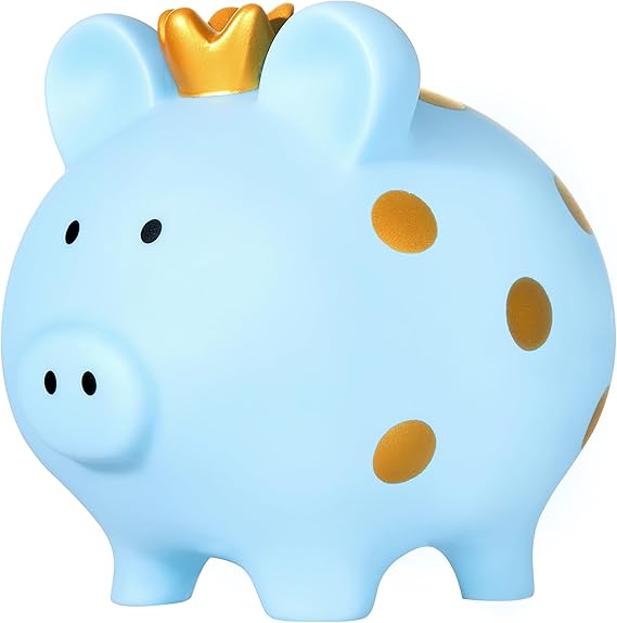 Piggy Bank, Cute Unbreakable Plastic Money Saving Bank with Crown, Large Pig Coin Bank for Girls & Boys, Personalized Decor Money Container Birthday Baby Shower for Kids (Blue)