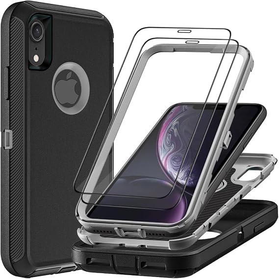 for iPhone XR Case with 2Pcs Tempered Glass Screen Protector, Military Grade 3 in 1 Heavy Duty Shockproof/Drop Proof/Dust Proof Case (Black/Grey)