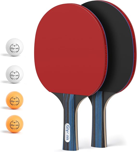 Glymnis Ping Pong Paddles Set of 4/2, 7-Ply Table Tennis Rackets and Balls | 7-Ply Wood, 3-Star Ball, Flared Handle, Storage Case, Table Tennis Set for Beginners Intermediate Player Indoor Outdoor Game