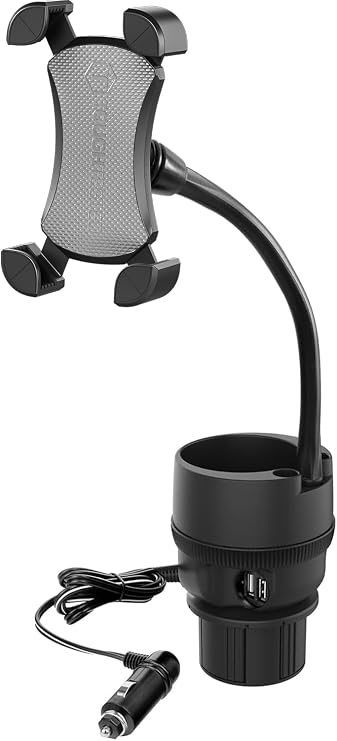 Cup Holder Phone Mount for Truck, 9" Gooseneck Adjustable | Rugged car phone holder with dual USB ports and 12/24V DC socket, heavy-duty expanding base for trucks and cars