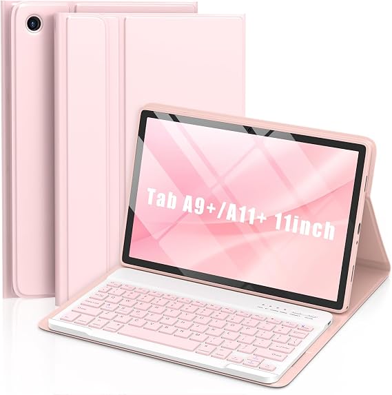 MMK for Samsung Galaxy Tab A11+/A9+ Plus Case with Keyboard, Pink | Wireless Magnetic Detachable Folio Keyboard Cover with Pencil Holder, for Tab A9+/A11+ Plus 11 inch