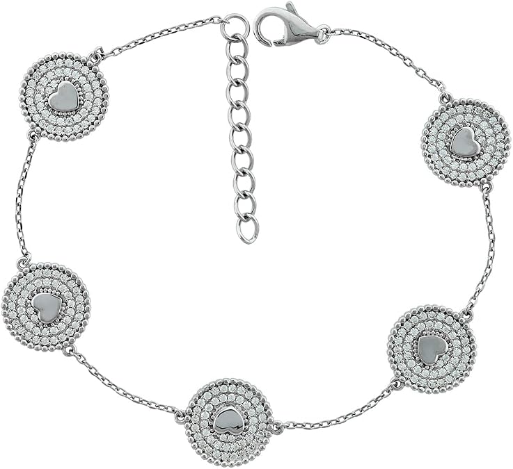 Sterling Silver CZ Micropave Disk Station Heart Necklaces and Bracelets for Women 11mm Round Rhodium Finish