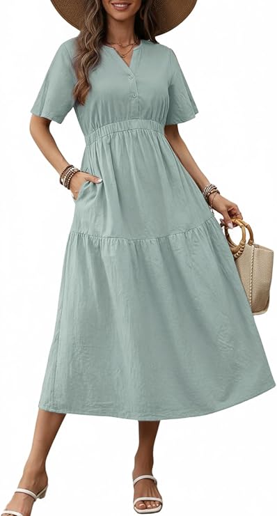 Celmia Cotton Dress for Women Summer V Neck Short Sleeve Boho Midi Dresses