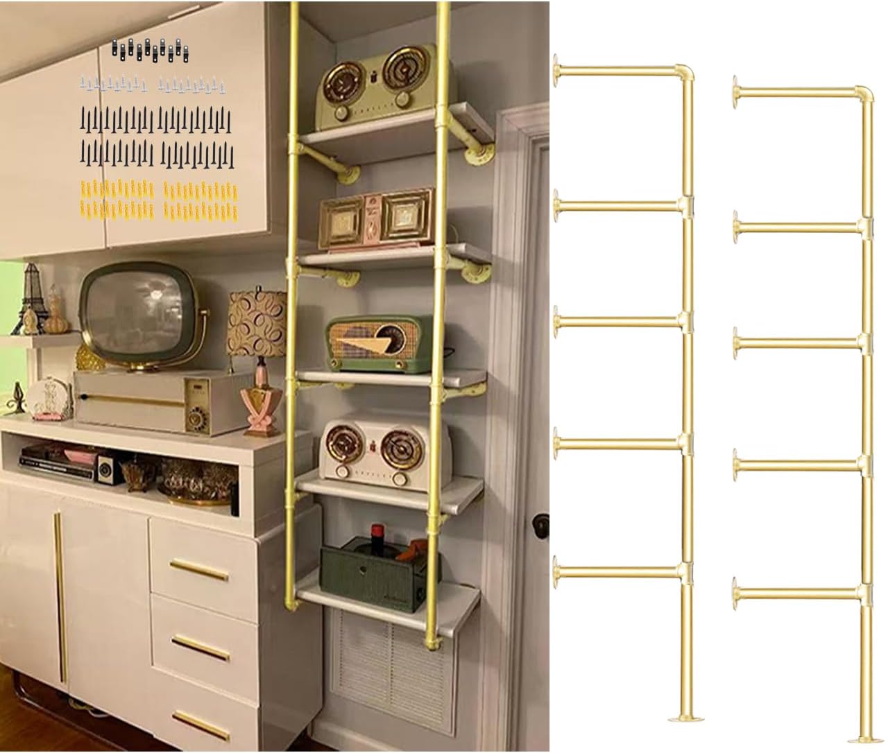 Gold Industrial Wall Mount Iron Pipe Shelf Bracket,Retro DIY Open Bookshelf,Storage Shelves, Ceiling hung Shelves for Home Kitchen Bathroom Living Room Office2PcsX5Tier,68Tall,10deep,Hardware Only