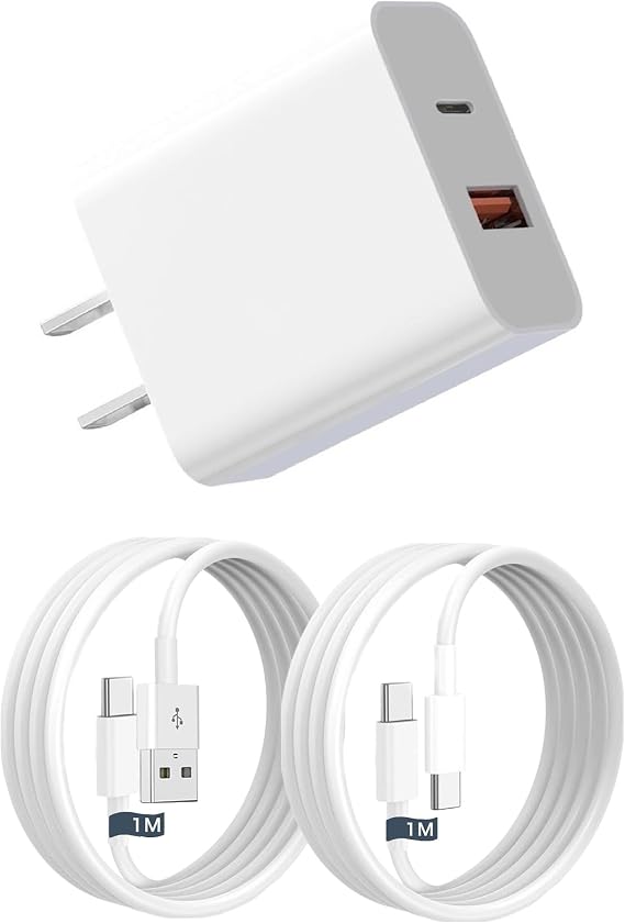 Type c Charger, USB Type-C Charger, Supports PD20W Fast Charging, USB-A & Type-C Wall Mount Power Adapter, Equipped with 2 Ports, iPhone 17air/pro max/16/15/14/13/SE3, iPad, Android/Tablet A White 1m1m, 20w