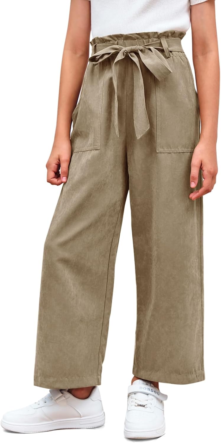 Meikulo Girls Paper Bag Wide Leg Pants Kids Fashion High Waisted Elastic Waist Trousers with Pockets 7-14 Years