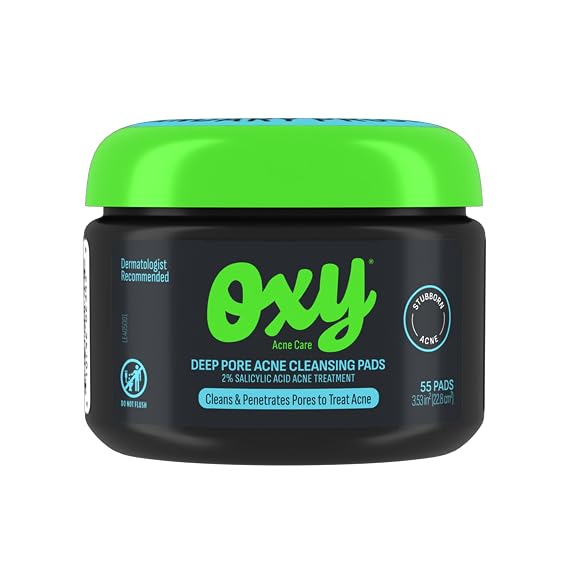 Oxy Deep Pore Acne Facial Cleansing Pads, Maximum Strength 2% Salicylic Acid Stubborn Acne Treatment, Fights Breakouts, Exfoliates, Unclogs, Treats Blackheads, Dermatologist Recommended, 55 Pads