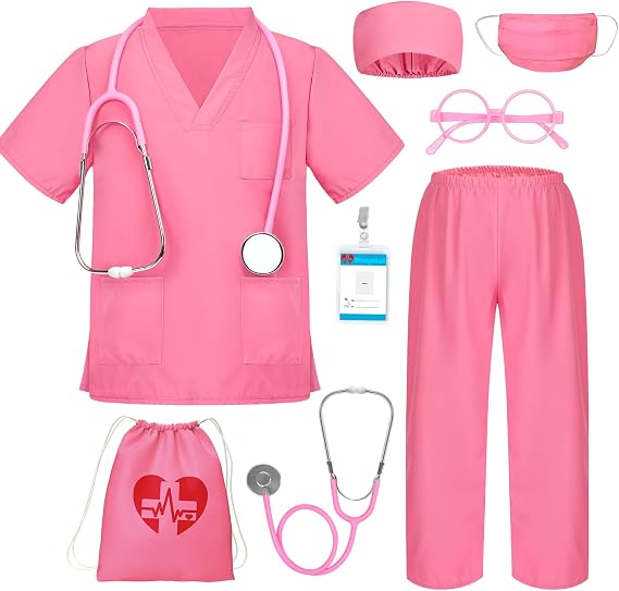 Doctor Costume for Kids Scrubs for Girls Boys, Pretend Play & Dress Up Clothes for Kids, Halloween Costumes for Girls Doctor Kit for Kids with Accessories, Toy Gift for 5-8 Toddler Little Kids