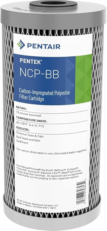 Pentair Pentek NCP-BB Big Blue Carbon Water Filter, 10-Inch, Whole House Pleated Carbon-Impregnated Polyester Cartridge, 10" x 4.5", 10 Micron, Sediment and Chlorine Reduction