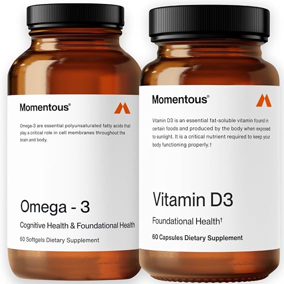Momentous Omega-3 Fish Oil 1,600 mg & Vitamin D3 Supplement - Daily Omega-3 Supplement for EPA & DHA & 5,000 IU Capsules to Support Foundational & Joint Health - NSF Certified, GMO-Free, Gluten-Free