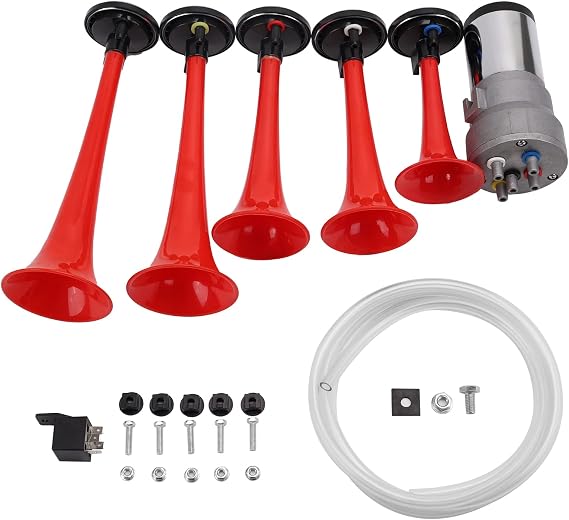 Dixie Horn 5-tube Air Horn with Compressor Music Horns Play Dixieland | Red 12V 150dB, sound duke hazzard music horns play dixieland for bus, motorcycle, passenger car, trailer, truck