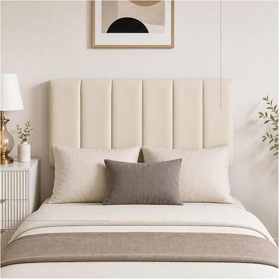 Bedding Home Lined Upholstered Headboard Small Double Divan Bed | Sturdy Wood Frame Padded Plush Bed Headboard Back Rest Support | Cream 4Ft Headboard (4Ft Small Double - Cream)