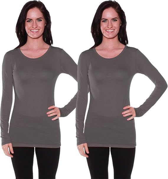 Active Basic Athletic Fitted Plain Long Sleeves Round Crew Neck T Shirt Top - Charcoal/Charcoal - Medium