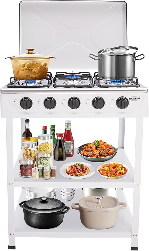 Propane Gas Stove, 5 Burner Portable Gas Stove with Support Leg Stand and Wind Blocking Cover Adapter, 5 Burner Propane Burner for RV, Apartment, Outdoor (White)
