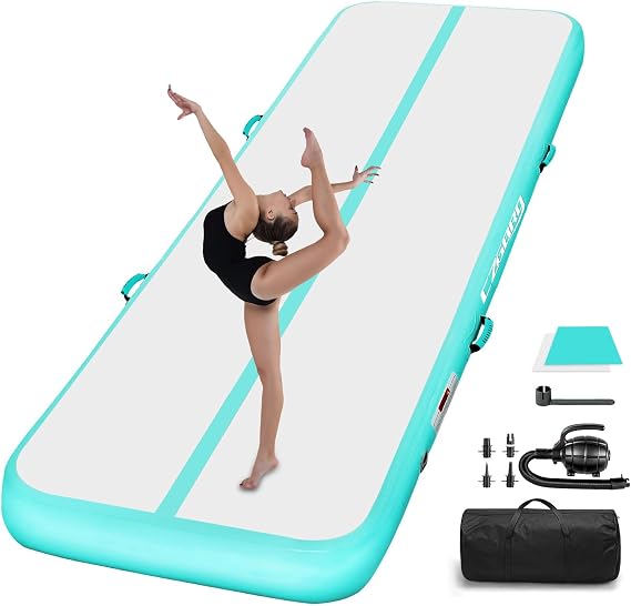 Inflatable Tumbling Track Mat 10FT 8 Inch Thickness Inflatable Gymnastics Mats Tumble Track Air Floor, Training Mats with Air Pump for Kids Gym Home Use Cheerleading Yoga Mint Green