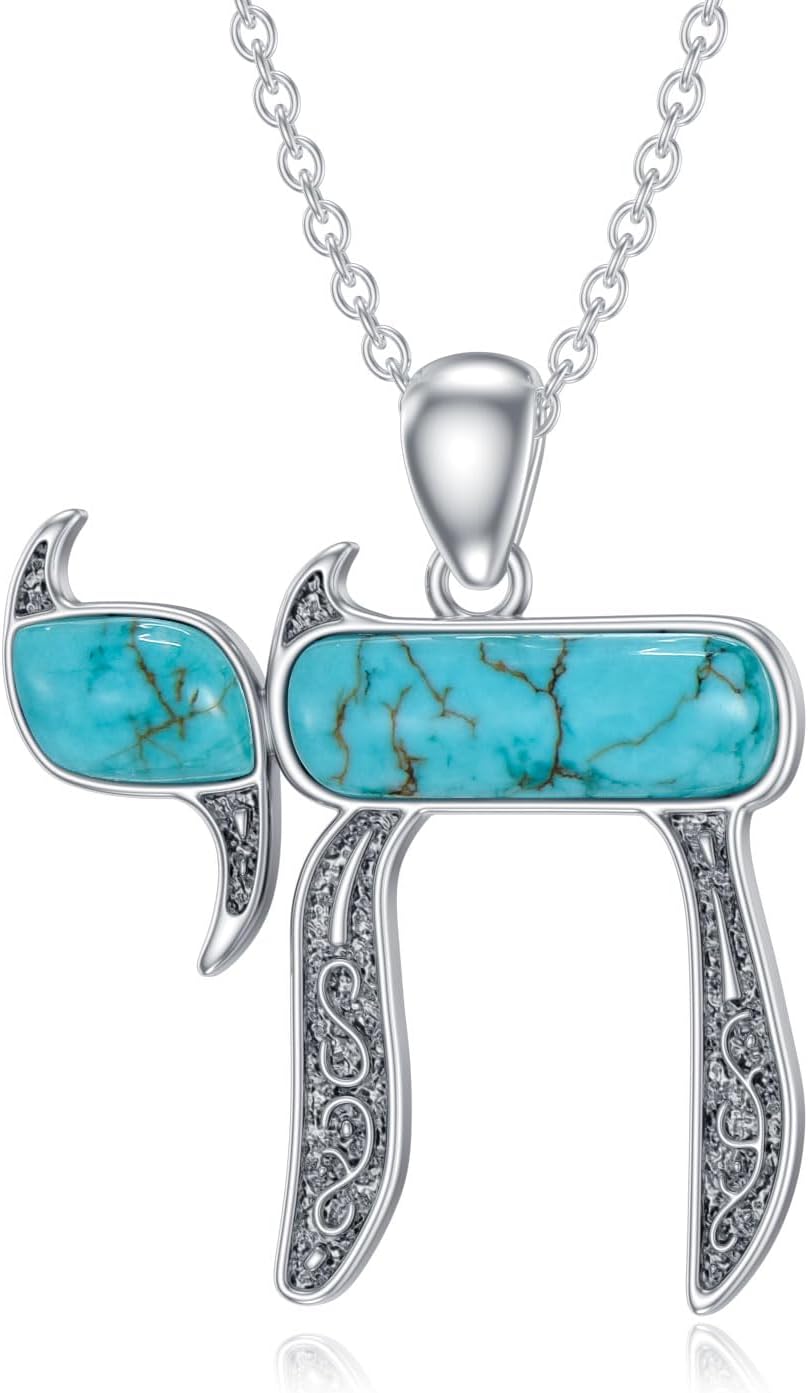 Turquoise Chai Necklace 925 Sterling Silver Real Turquoise Gemstone Chai Hebrew Pendant Jewish Protection Jewelry Gifts for Women