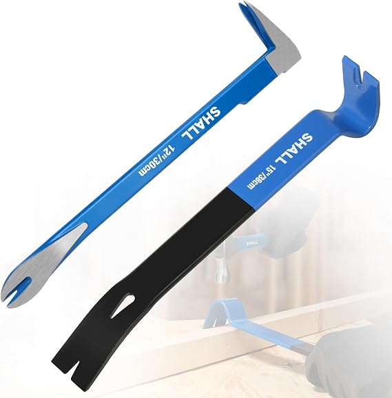 SHALL 2-Piece Pry Bar Set, 15-Inch Flat Pry Bar & 12-Inch Cats Paw Nail Puller, Heavy-Duty Crowbar, Utility Claw Bar, Wonder Bar for Home Remolding & Woodworking