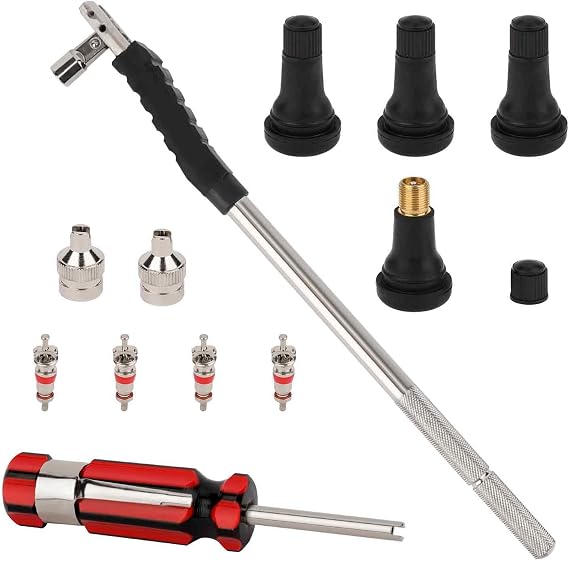 Hromee Tire Valve Stem Tool Puller and Installer Kit, 4PCS TR413 Tubeless Snap-in Valve Stem with Valve Stem Cores, Single Head Valve Core Remover and Slotted-Head Valve Cap