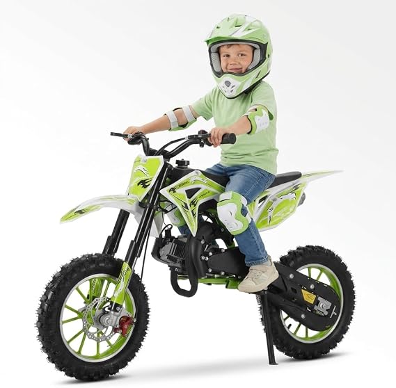 50cc 2-Stroke Kids Dirt Bike, Gas Powered Mini Pit Bike for Youth Riders, Pull-Start Pocket Motorcycle with Front & Rear Disc Brakes, 10-Inch Tires, Up to 25 MPH Green